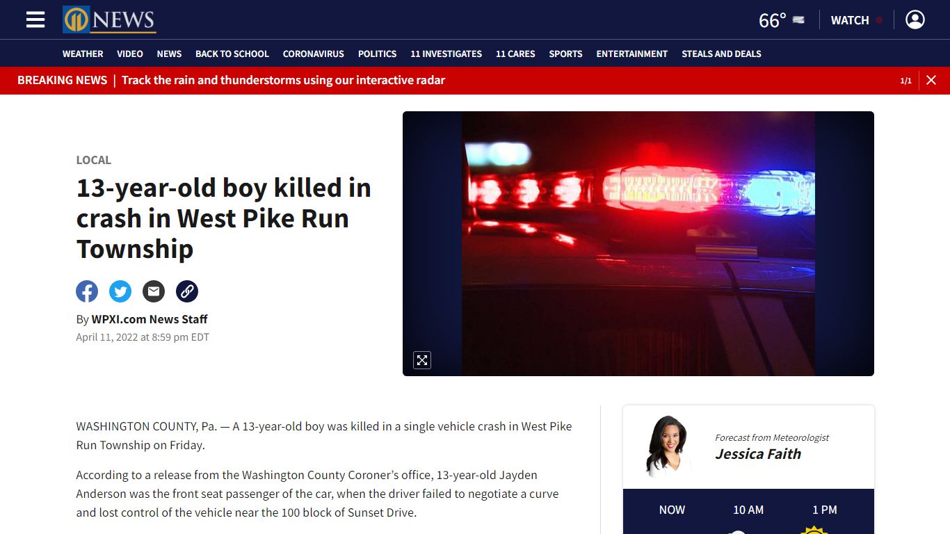 13-year-old boy killed in crash in West Pike Run Township