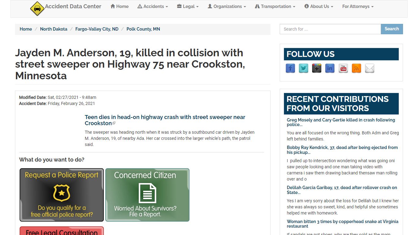 Jayden M. Anderson, 19, killed in collision with ... - Accident Data Center