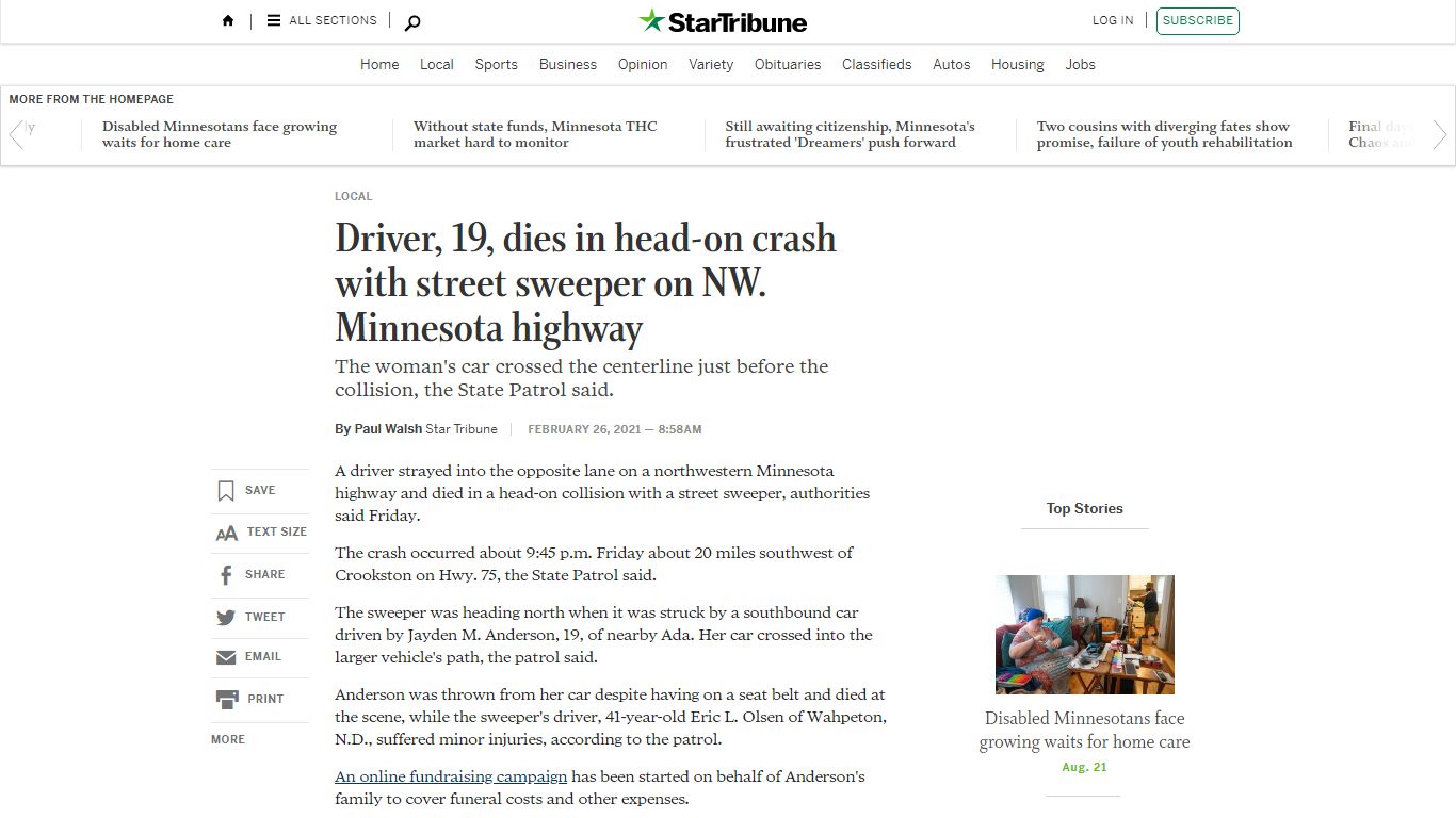 Driver, 19, dies in head-on crash with street sweeper on NW. Minnesota ...